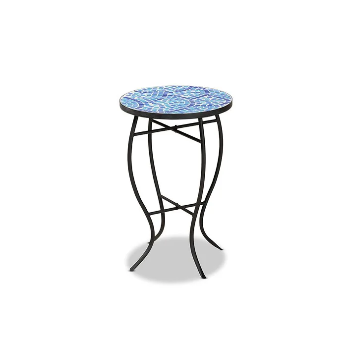 Baxton Studio Gaenor Modern and Contemporary Black Metal and Blue Glass Plant Stand – Black, Blue