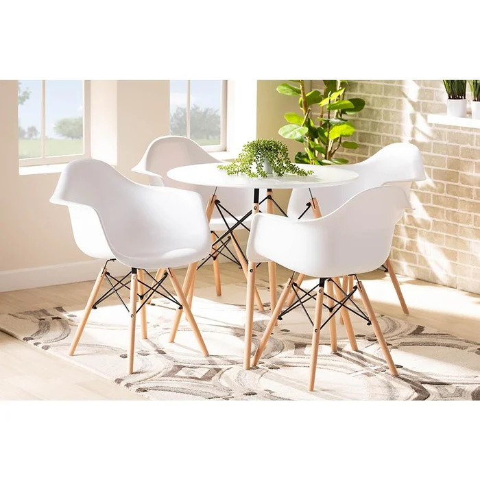 Baxton Studio Galen Modern and Contemporary White Finished Polypropylene Plastic and Oak Brown Finished Wood 5-Piece Dining Set – White, Oak Brown, Black
