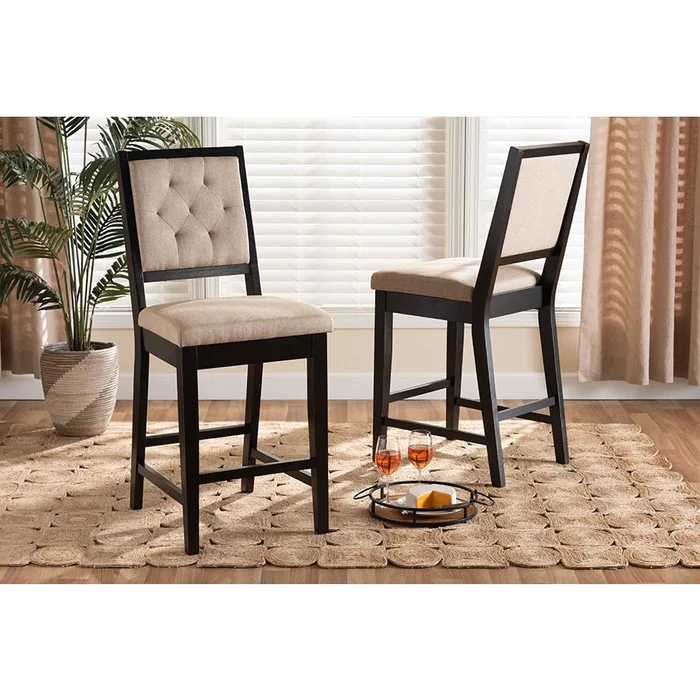 Baxton Studio Gideon Modern and Contemporary Sand Fabric Upholstered and Dark Brown Finished Wood 2-Piece Counter Stool Set – Sand, Dark Brown