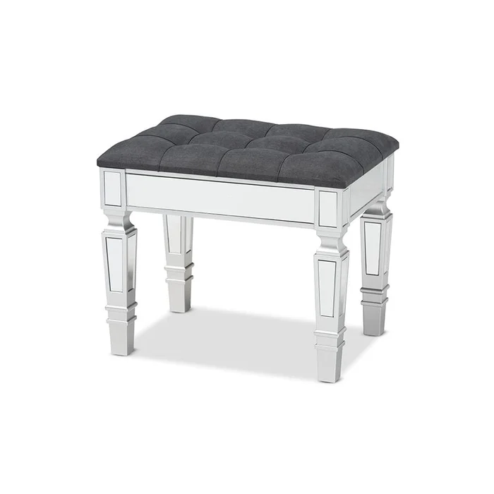 Baxton Studio Hedia Contemporary Glam and Luxe Grey Fabric Upholstered and Silver Finished Wood Ottoman – Grey, Silver