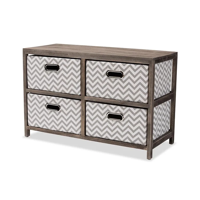 Baxton Studio Jorah Modern and Contemporary Grey and White Fabric Upholstered Greywashed Wood 4-Basket Storage Unit – Grey, White