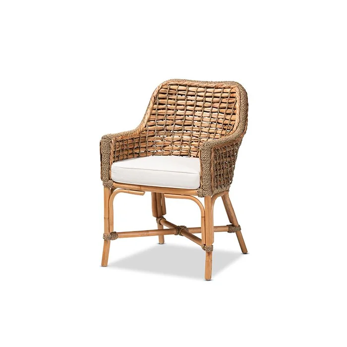 Baxton Studio Kyle Modern Bohemian Natural Brown Woven Rattan Dining Arm Chair with Cushion – White, Natural Brown