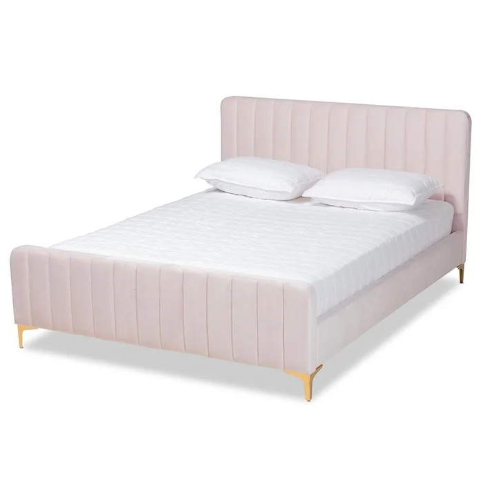 Baxton Studio Nami Modern Contemporary Glam and Luxe Light Pink Velvet Fabric Upholstered and Gold Finished Queen Size Platform Bed – Light pink , Gold