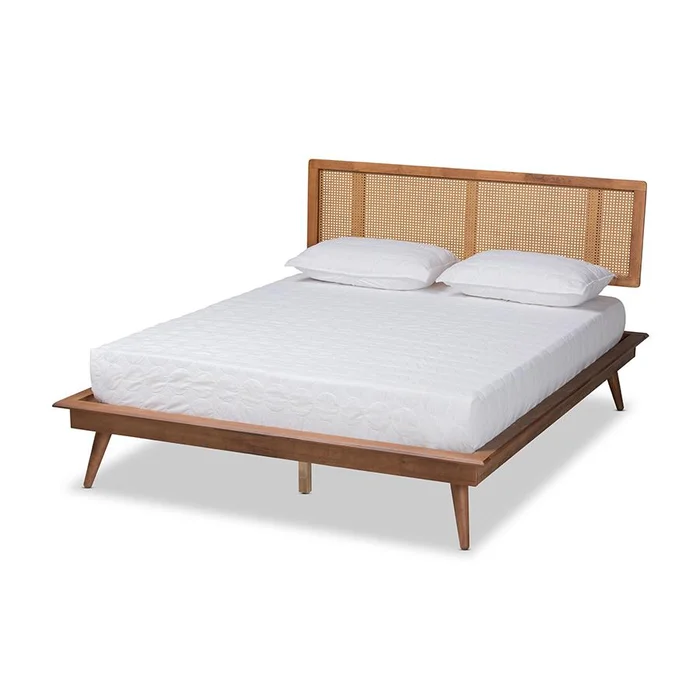 Baxton Studio Nura Mid-Century Modern Walnut Brown Finished Wood and Synthetic Rattan Queen Size Platform Bed – Walnut Brown