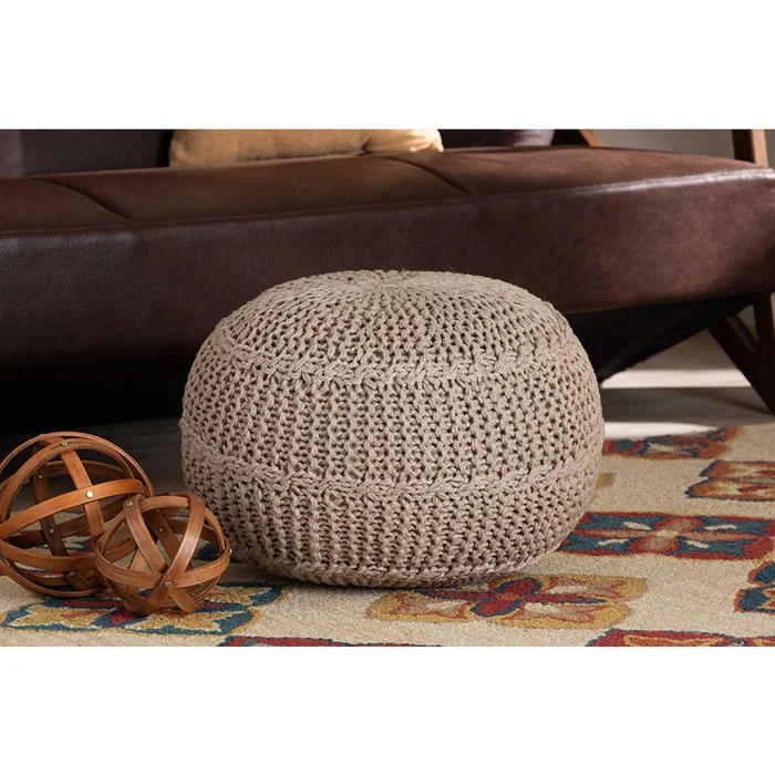 Baxton Studio Palmas Modern and Contemporary Bohemian Beige Handwoven Pet Yarn Pouf Ottoman – Beige