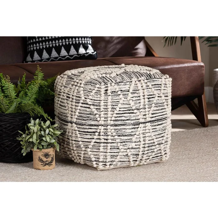 Baxton Studio Sentir Modern and Contemporary Moroccan Inspired Ivory and Black Handwoven Wool Blend Pouf Ottoman – Ivory, Black