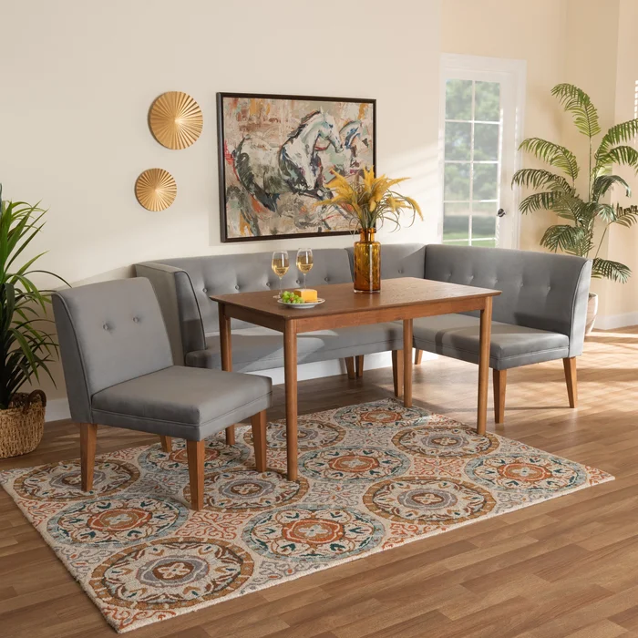 Baxton Studio Stewart Mid-Century Modern Grey Velvet Upholstered And Walnut Brown Finished Wood 4-Piece Dining Nook Set – Grey, Walnut Brown