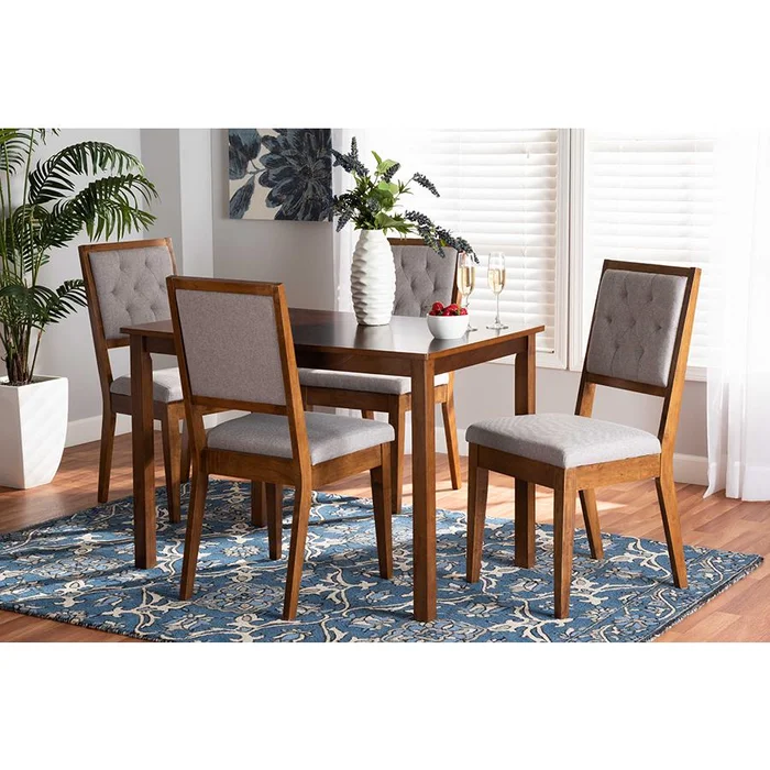 Baxton Studio Suvi Modern and Contemporary Grey Fabric Upholstered and Walnut Brown Finished Wood 5-Piece Dining Set – Grey, Walnut Brown