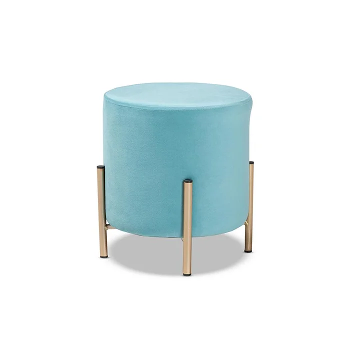 Baxton Studio Thurman Contemporary Glam and Luxe Sky Blue Velvet Fabric Upholstered and Gold Finished Metal Ottoman – Sky Blue, Gold
