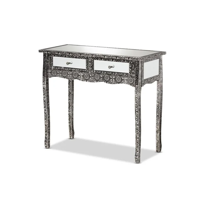 Baxton Studio Wycliff Industrial Glam and Luxe Silver Finished Metal and Mirrored Glass 2-Drawer Console Table – Dark Grey, Silver