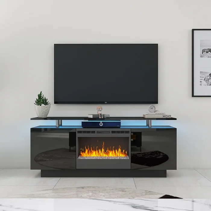 Black Modern Large TV Stand With Fireplace & Heating & LED Light