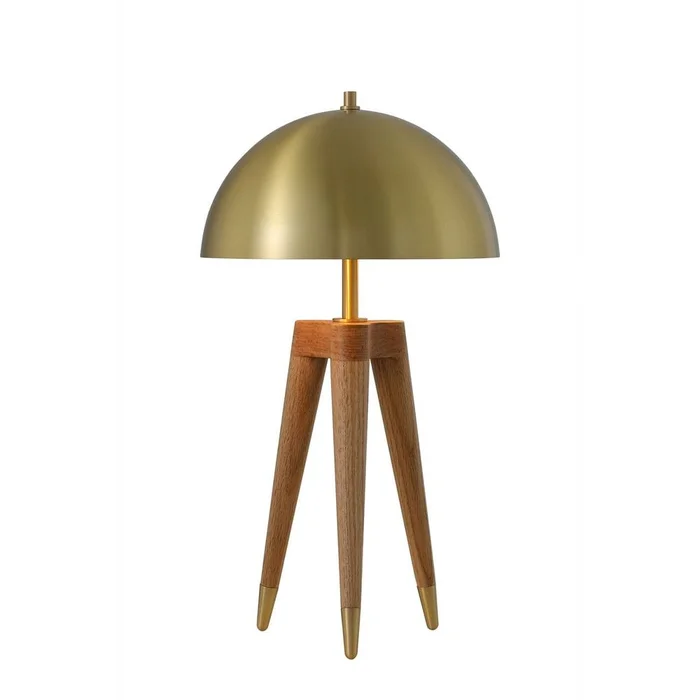 Brass Dome Table Lamp with Wooden Tripod Base