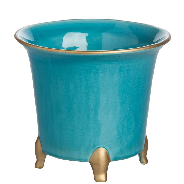 Cachepot, Turquoise with Gold, Large Set of 2