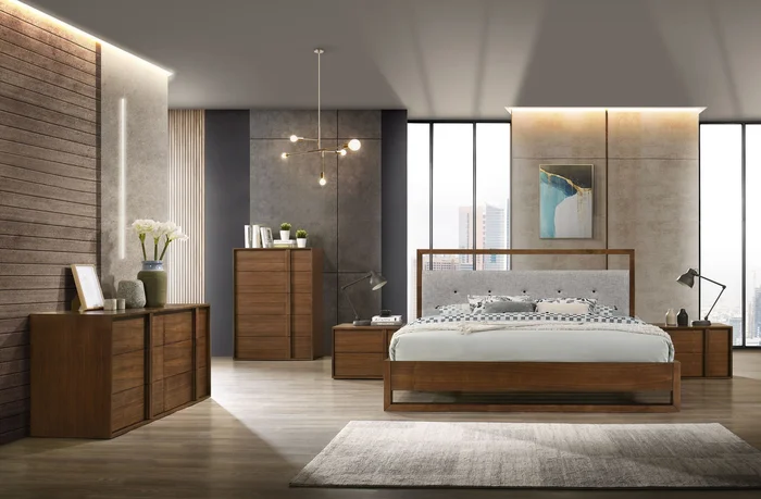 California King Nova Domus Falcor – Modern Grey Fabric & Walnut Veneer Bed