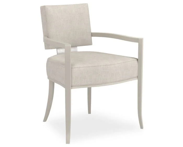 Caracole Classic Reserved Seating Arm Dining Chair – Matte Pearl, Lightly Brushed Chrome