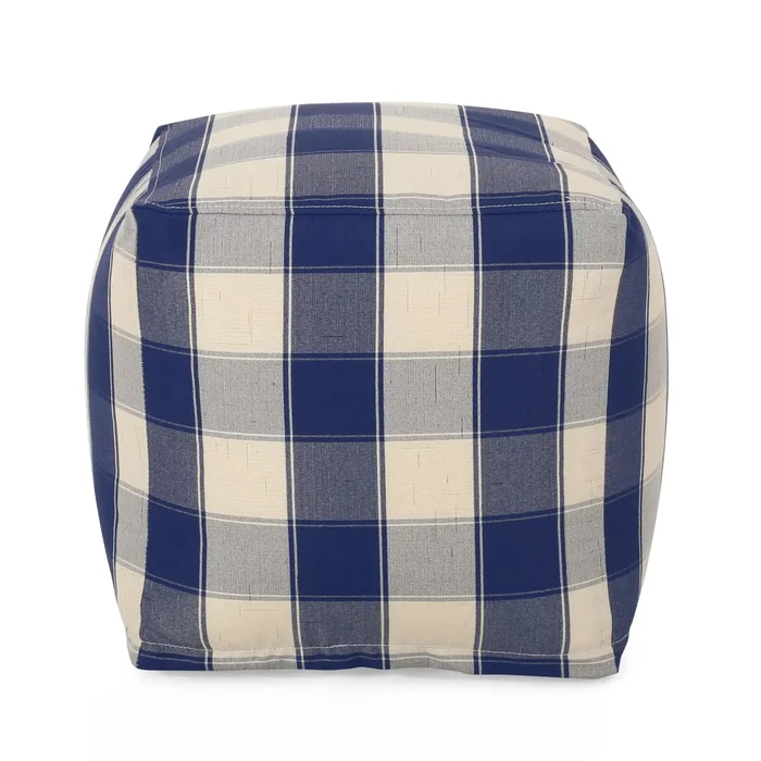 Connor – Checkered Square Pouf Ottoman And Floor Cushion – Ivory / Navy