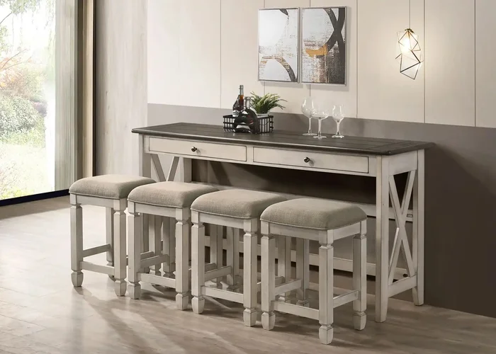 Console Table With 4 Stools – Antique White