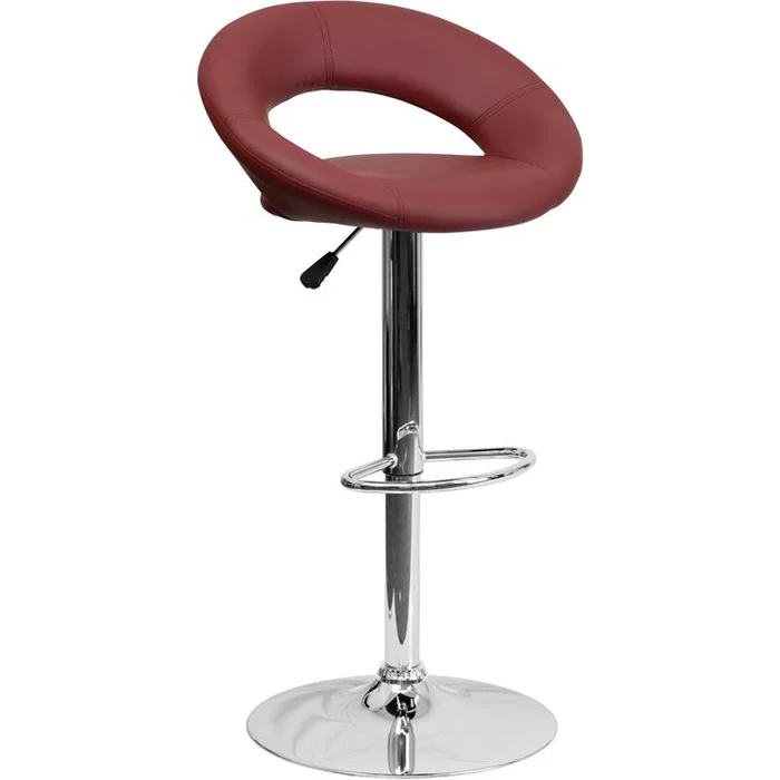 Contemporary Burgundy Vinyl Rounded Orbit-Style Back Adjustable Height Barstool With Chrome Base By Flash Furniture – Burgundy