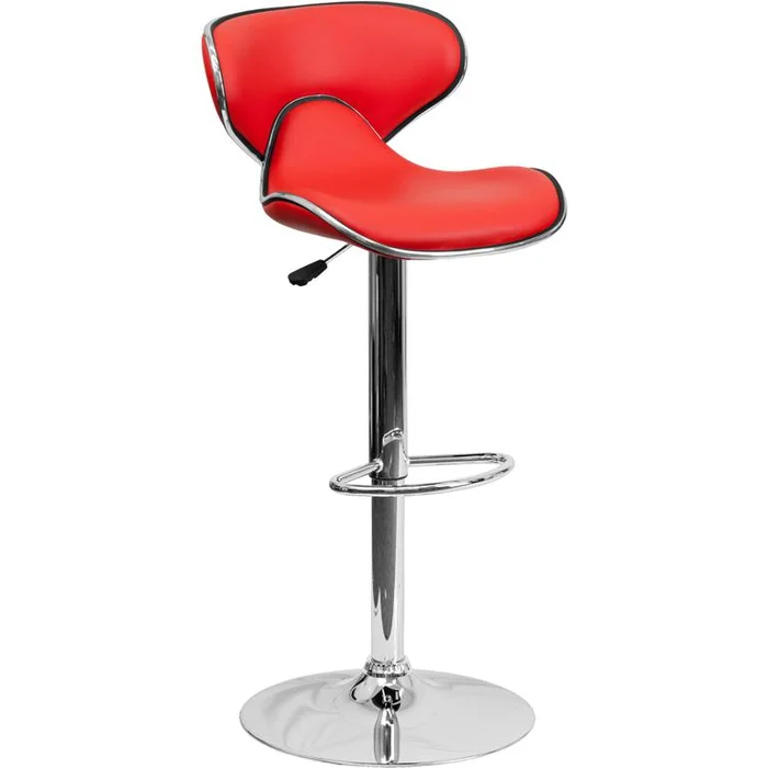 Contemporary Cozy Mid-Back Red Vinyl Adjustable Height Barstool With Chrome Base By Flash Furniture – Red
