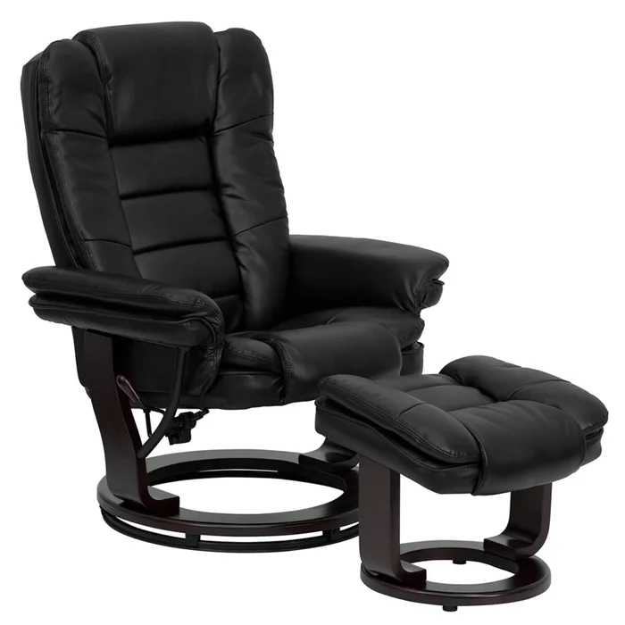 Contemporary Multi-Position Recliner With Horizontal Stitching And Ottoman With Swivel Mahogany Wood Base In Black Leathersoft By Flash Furniture – Black