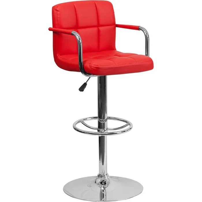 Contemporary Red Quilted Vinyl Adjustable Height Barstool With Arms And Chrome Base By Flash Furniture – Red