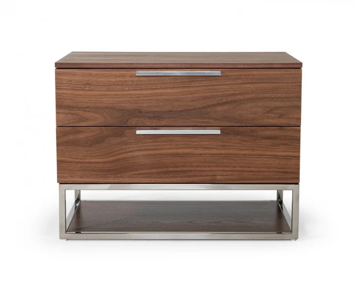 Contemporary Walnut And Stainless Steel Nightstand With Two Drawers By