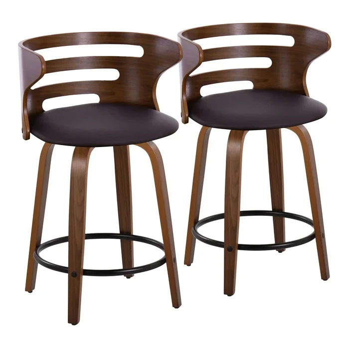 Cosini – Mid-Century Modern Fixed Height Counter Stool With Swivel With Round Footrest (Set of 2) – Walnut / Brown