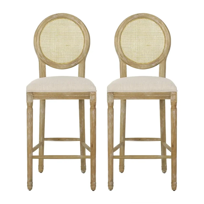 Country Chic Bar Stools (Set of 2) With Rattan Backrest And Upholstered Seat – Beige / Natural