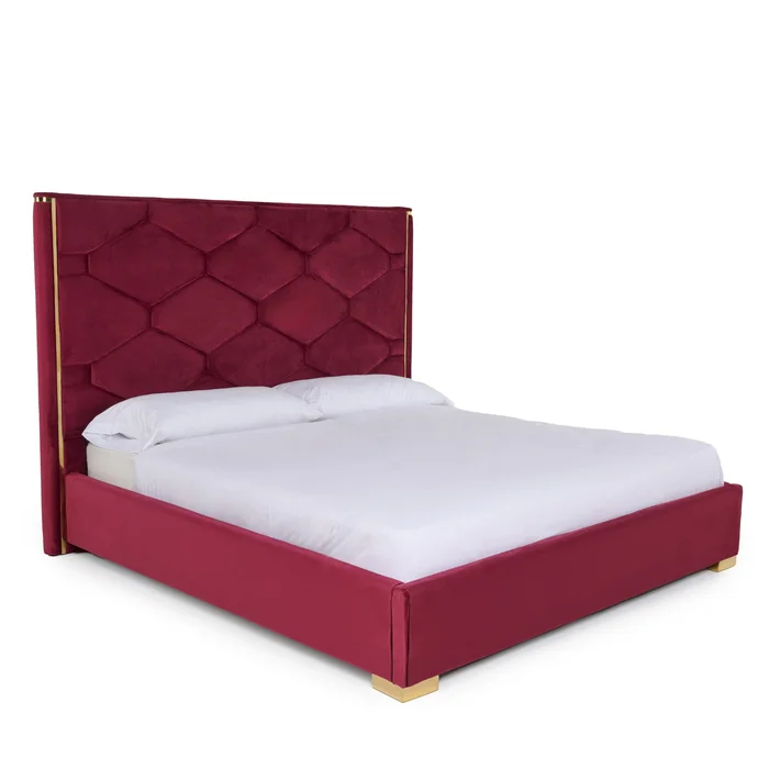 Eastern King Modrest Janet – Modern Red Velvet + Gold Bed
