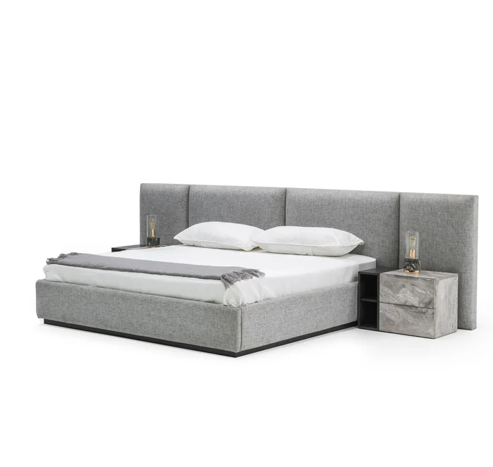 Eastern King Nova Domus Maranello – Modern Grey Fabric Bed w/ Two Nightstands