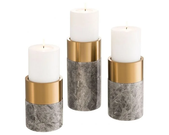 Eichholtz Sierra Grey Marble Brass Finish S/3 Candle Holder