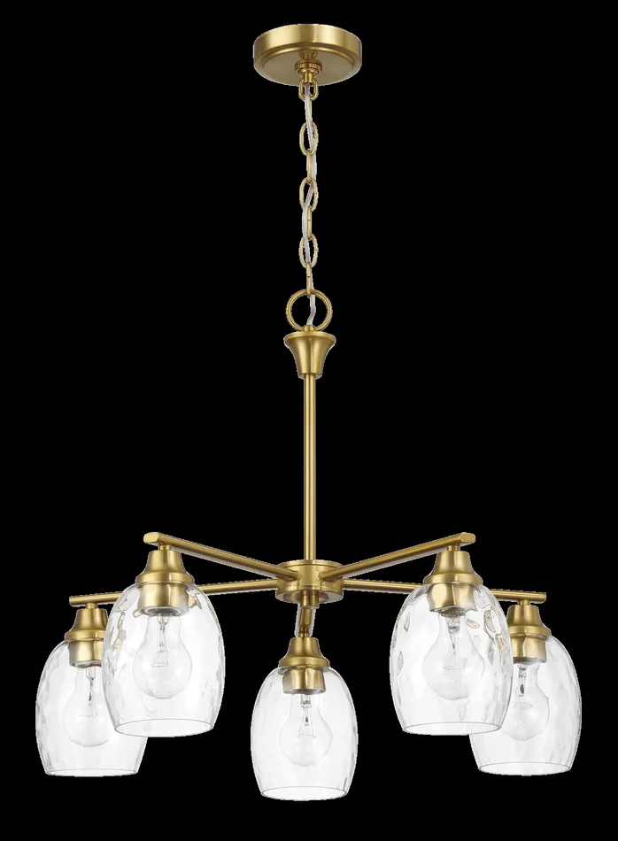 Elegance Five Lights Linear Arms with Golden Brass Finish Chain Chandelier 24″W × 8.5″H with Clear Water Glass