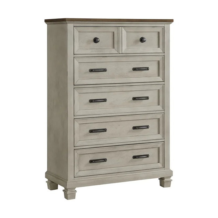 Farmington 5-Drawer Chest in Medium Brown and Washed Stone