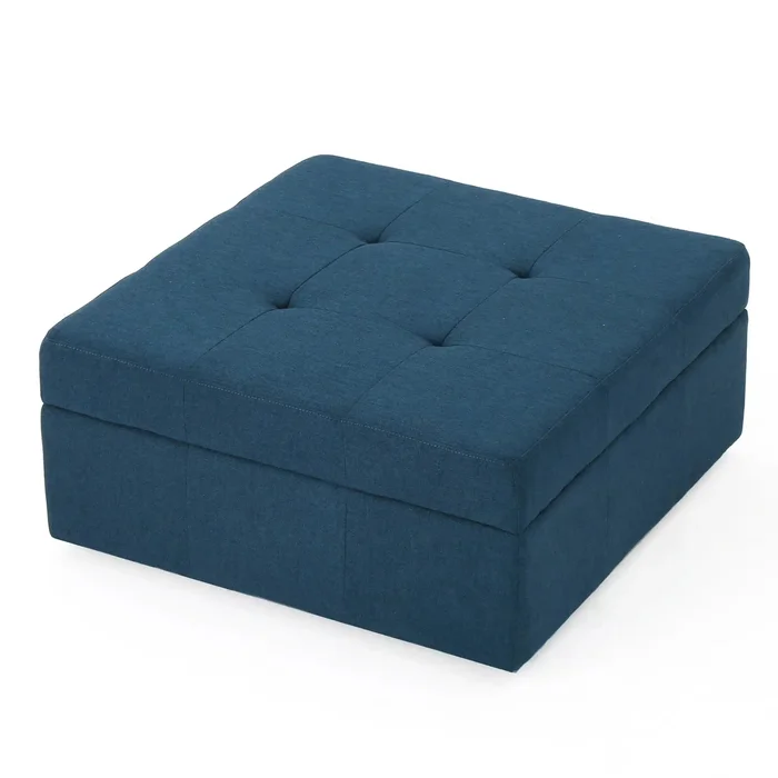 Flip Top Ottoman With Tufted Waffle Stitch And Rolling Casters – Navy Blue