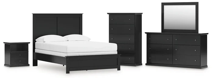 Full Panel Bed with Mirrored Dresser, Chest and Nightstand