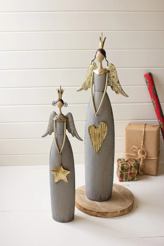 Gold & Grey Christmas Angels Holding Heart & Star Set Of 2 By Kalalou – Multi