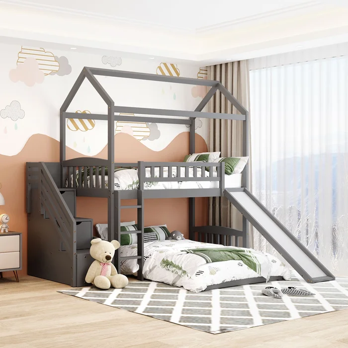 Gray Twin Over Twin Playhouse Perpendicular Bunk Bed With Slide By Hom