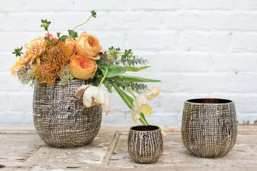 Hazel Bronze Cross Hatch Ceramic Pot-Set Of 2-By Accent Decor – Bronze – Ceramic – 99702