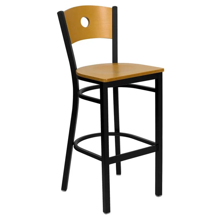 Hercules Series Black Circle Back Metal Restaurant Barstool – Natural Wood Back & Seat By Flash Furniture – Natural Wood Back , Natural Wood Seat , Black Metal Frame