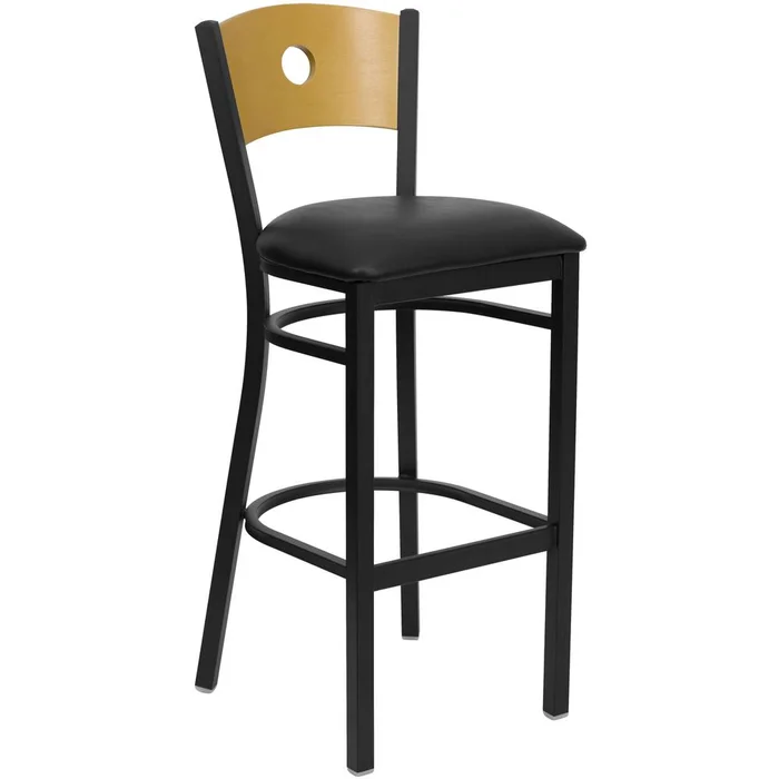 Hercules Series Black Circle Back Metal Restaurant Barstool – Natural Wood Back, Black Vinyl Seat By Flash Furniture – Natural Wood Back , Black Vinyl Seat , Black Metal Frame