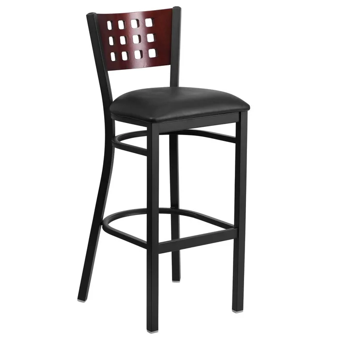 Hercules Series Black Cutout Back Metal Restaurant Barstool – Mahogany Wood Back, Black Vinyl Seat By Flash Furniture – Mahogany Wood Back , Black Vinyl Seat , Black Metal Frame