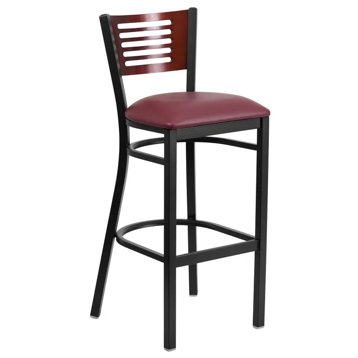 Hercules Series Black Slat Back Metal Restaurant Barstool – Mahogany Wood Back, Burgundy Vinyl Seat By Flash Furniture – Mahogany Wood Back , Burgundy Vinyl Seat , Black Metal Frame