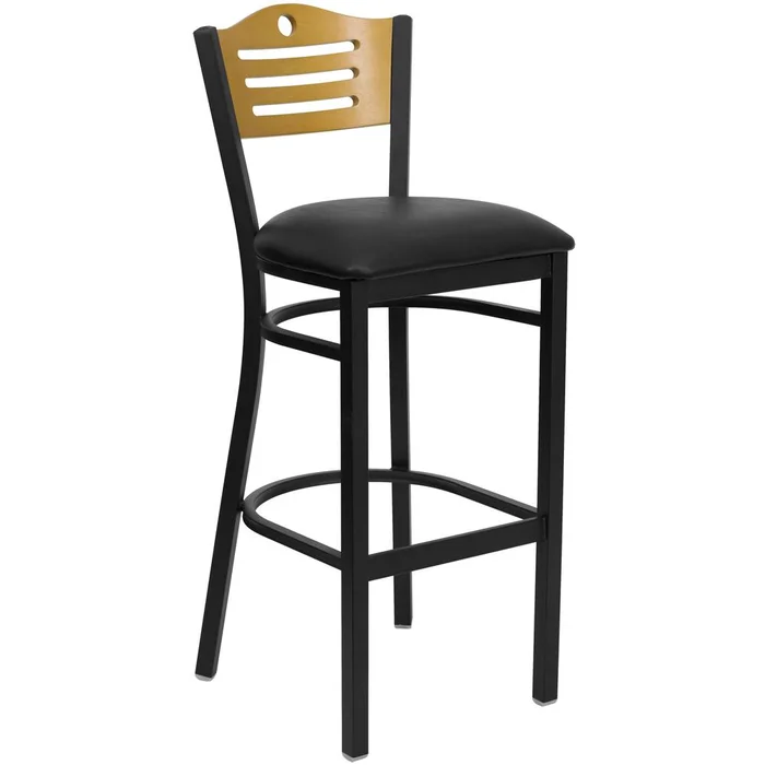 Hercules Series Black Slat Back Metal Restaurant Barstool – Natural Wood Back, Black Vinyl Seat By Flash Furniture – Natural Wood Back , Black Vinyl Seat , Black Metal Frame