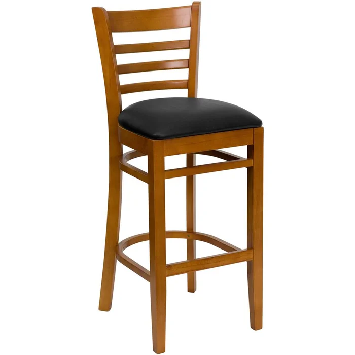 Hercules Series Ladder Back Cherry Wood Restaurant Barstool – Black Vinyl Seat By Flash Furniture – Black Vinyl Seat , Cherry Wood Frame