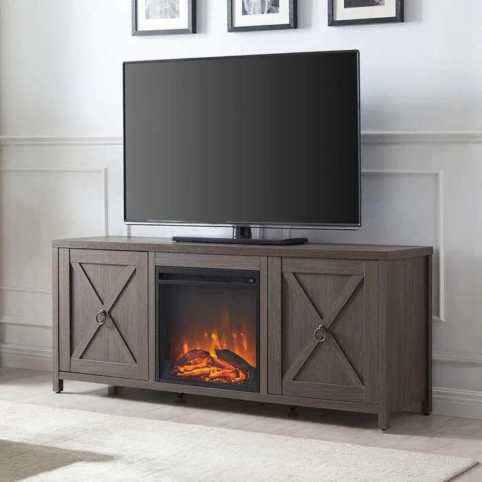 Hudson & Canal – Granger Rectangular TV Stand with Log Fireplace for TVs up to 65in in Alder Brown – TV1244