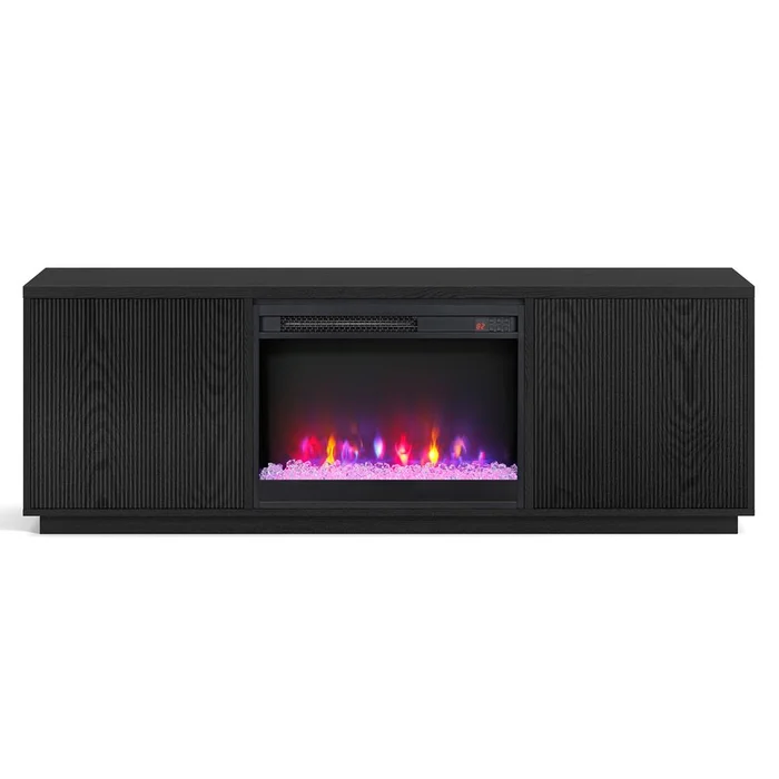 Hudson & Canal – Hanson Rectangular TV Stand with 26in Crystal Fireplace for TVs up to 75in in Black Grain – TV1877