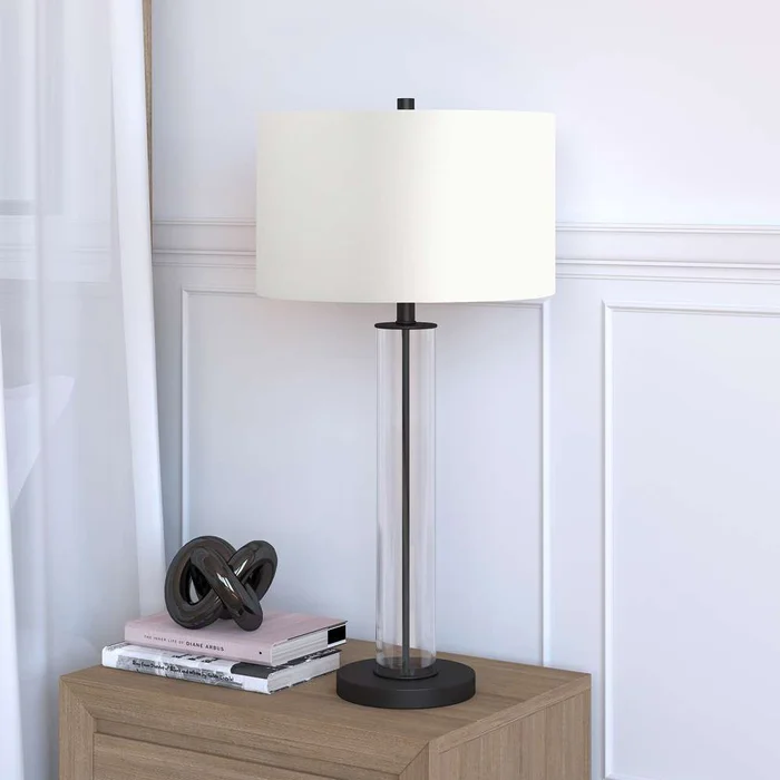 Hudson & Canal – Harlow 29in Tall Table Lamp with Fabric Shade in Clear Glass/Blackened Bronze/White – TL0182