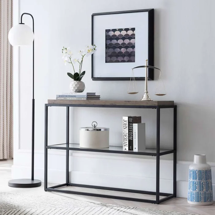 Hudson & Canal – Hector 42in Wide Rectangular Console Table in Blackened Bronze/Gray Oak – AT0560
