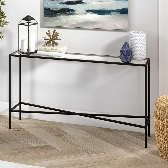 Hudson & Canal – Henley 55in Wide Rectangular Console Table with Glass Top in Blackened Bronze – AT0821