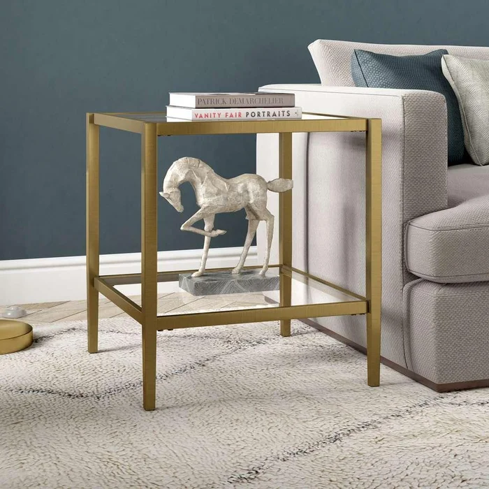 Hudson & Canal – Hera 20in Wide Square Side Table with Glass Shelf in Antique Brass – ST1631